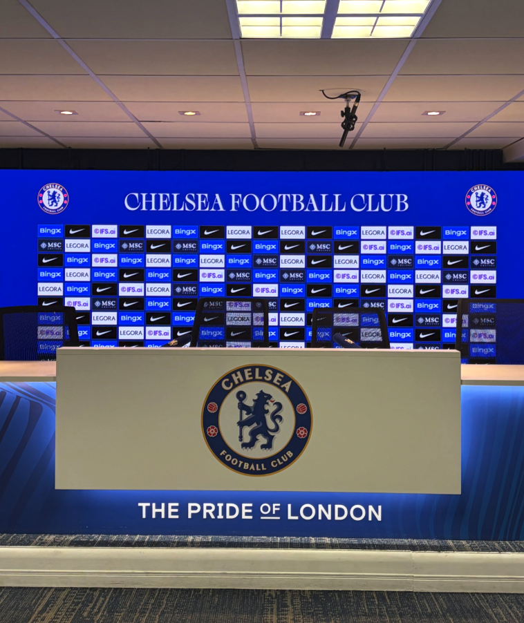 The press room at Stamford Bridge